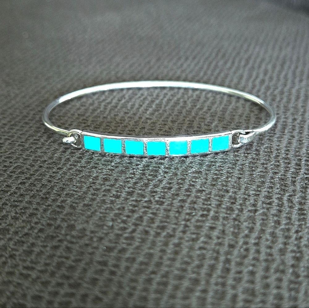 Taxco Sterling Silver🤍 Sleeping Beauty Turquoise🩵 Squares Flush Inlay Bracelet - Picture 15 of 16